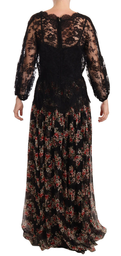 Elegante vestido largo de encaje floral con lunares