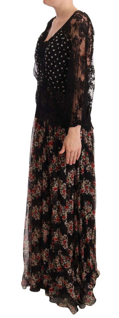 Elegante vestido largo de encaje floral con lunares