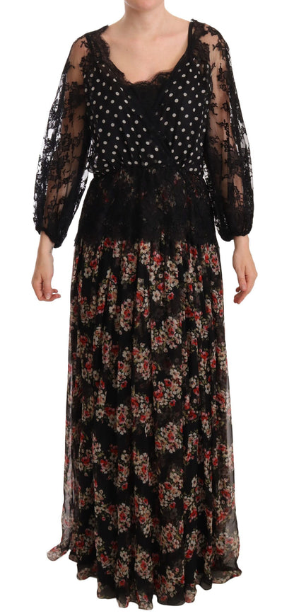 Elegante vestido largo de encaje floral con lunares