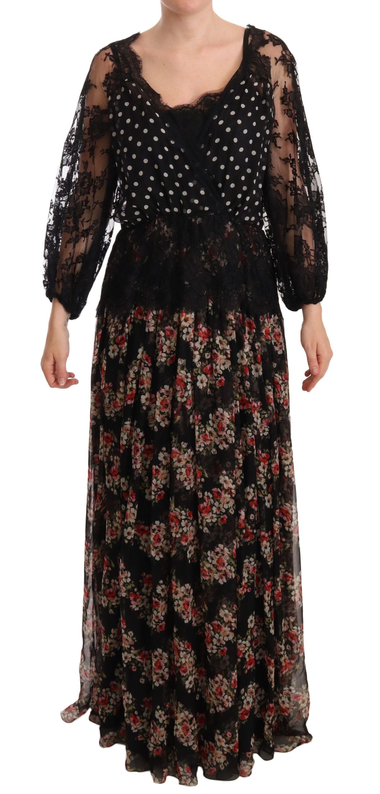 Elegante vestido largo de encaje floral con lunares