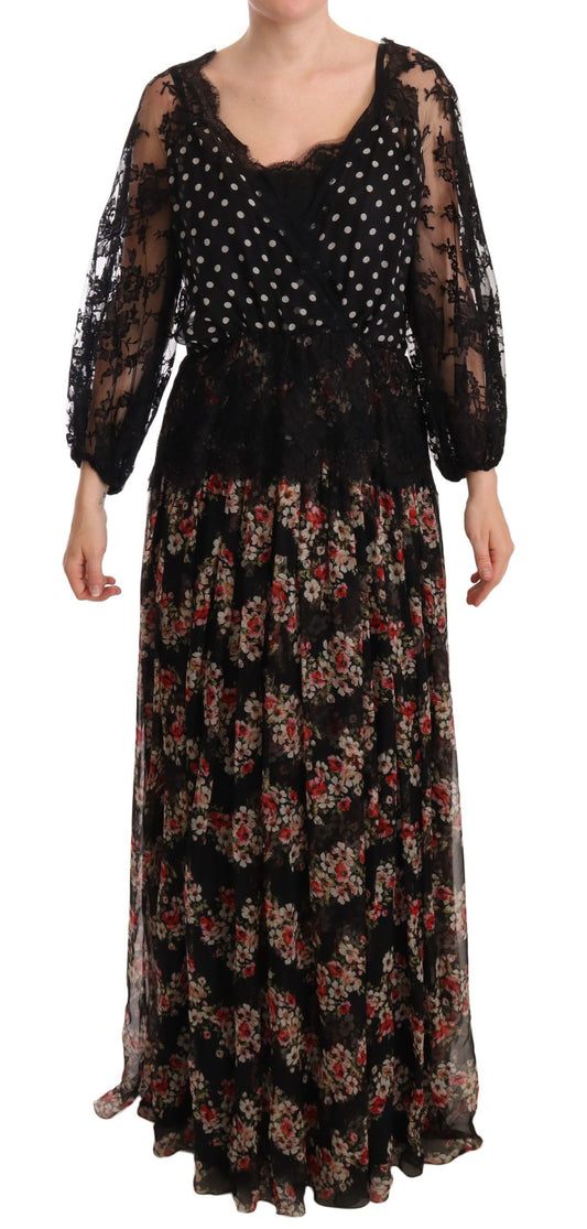 Elegante vestido largo de encaje floral con lunares