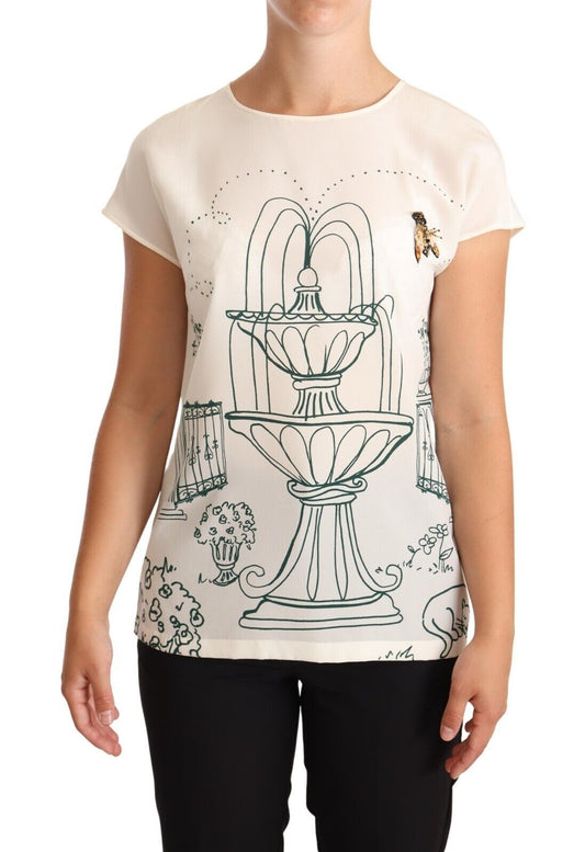 Elegante camiseta de seda con fuente de jardín botánico