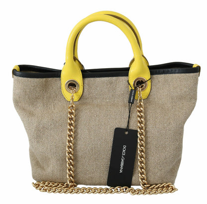 Bolso tote de lino y becerro beige con cadena dorada