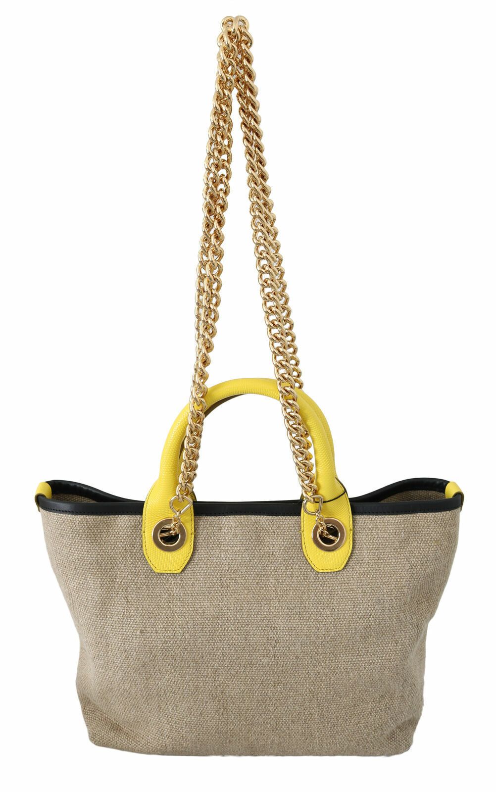 Bolso tote de lino y becerro beige con cadena dorada