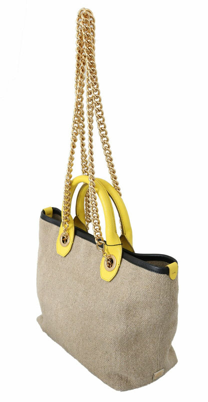 Bolso tote de lino y becerro beige con cadena dorada