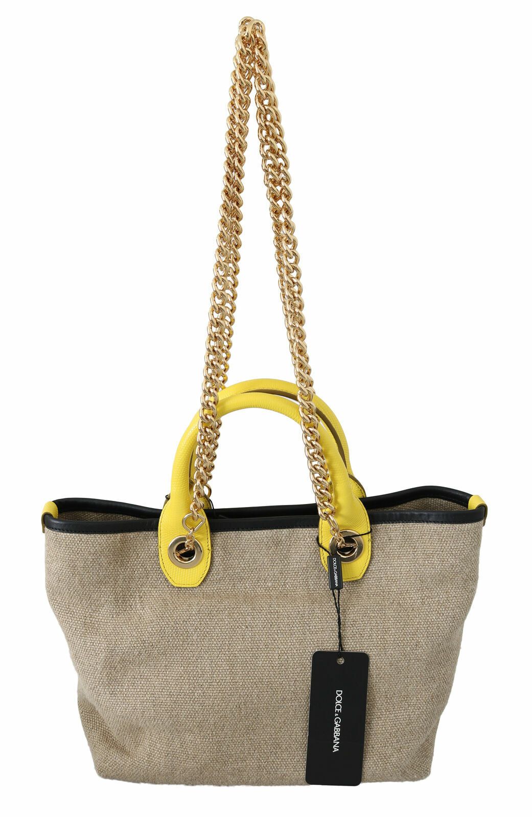 Bolso tote de lino y becerro beige con cadena dorada
