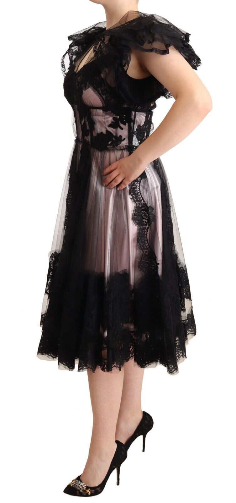 Elegante vestido midi de encaje floral negro