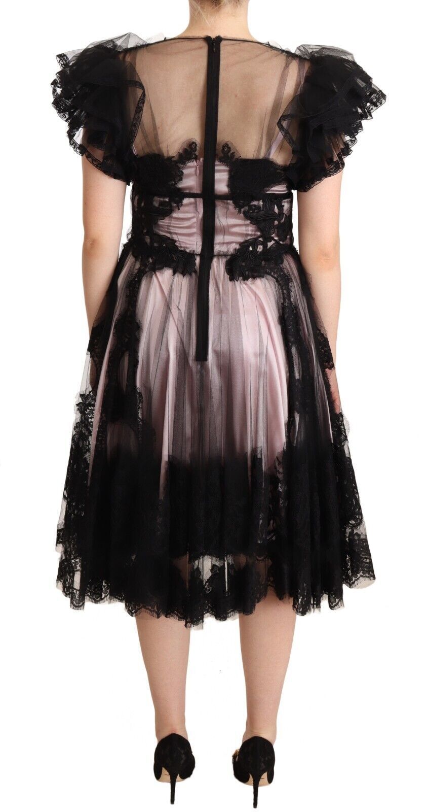 Elegante vestido midi de encaje floral negro