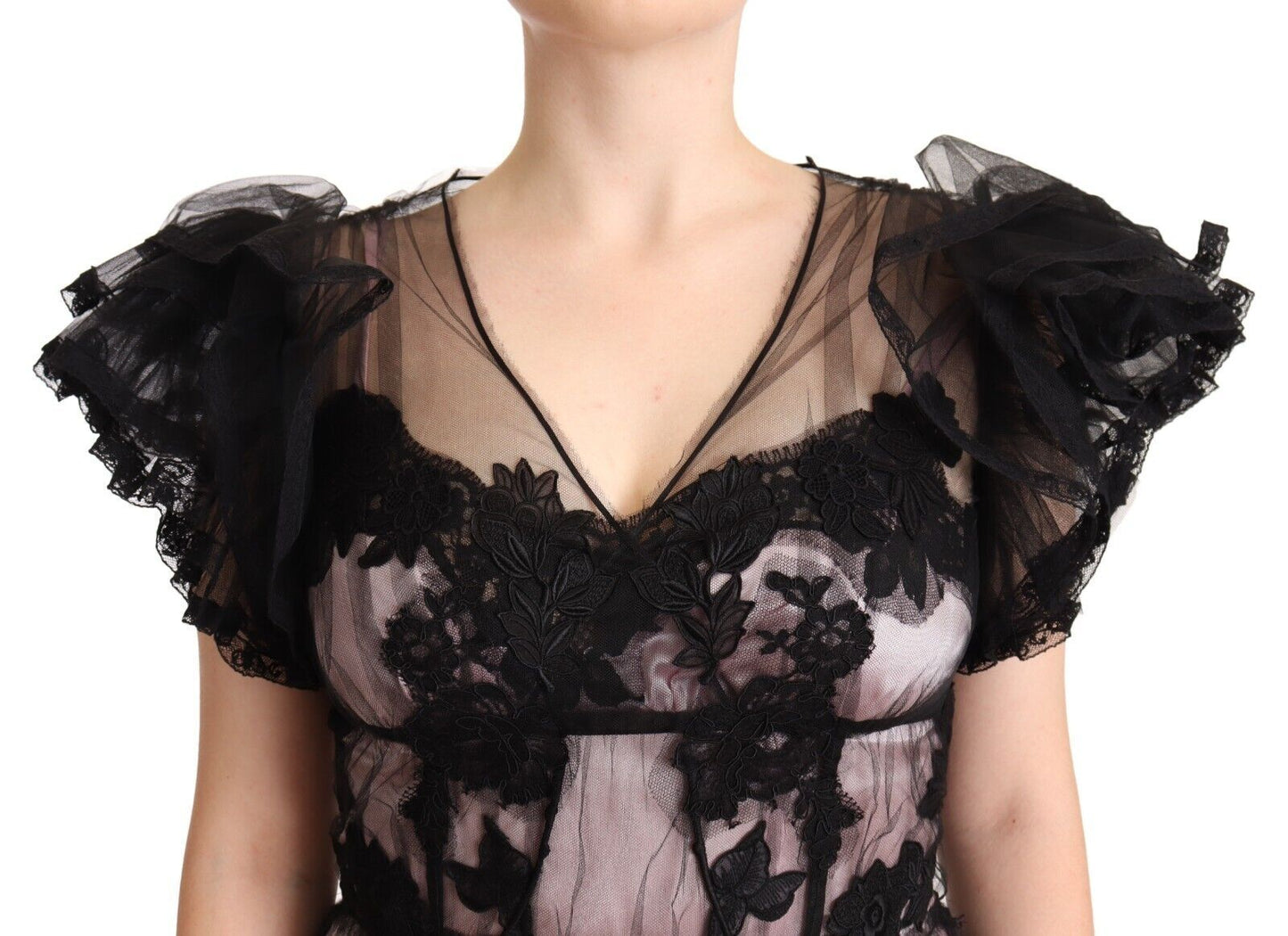 Elegante vestido midi de encaje floral negro