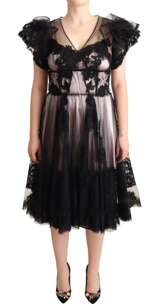 Elegante vestido midi de encaje floral negro