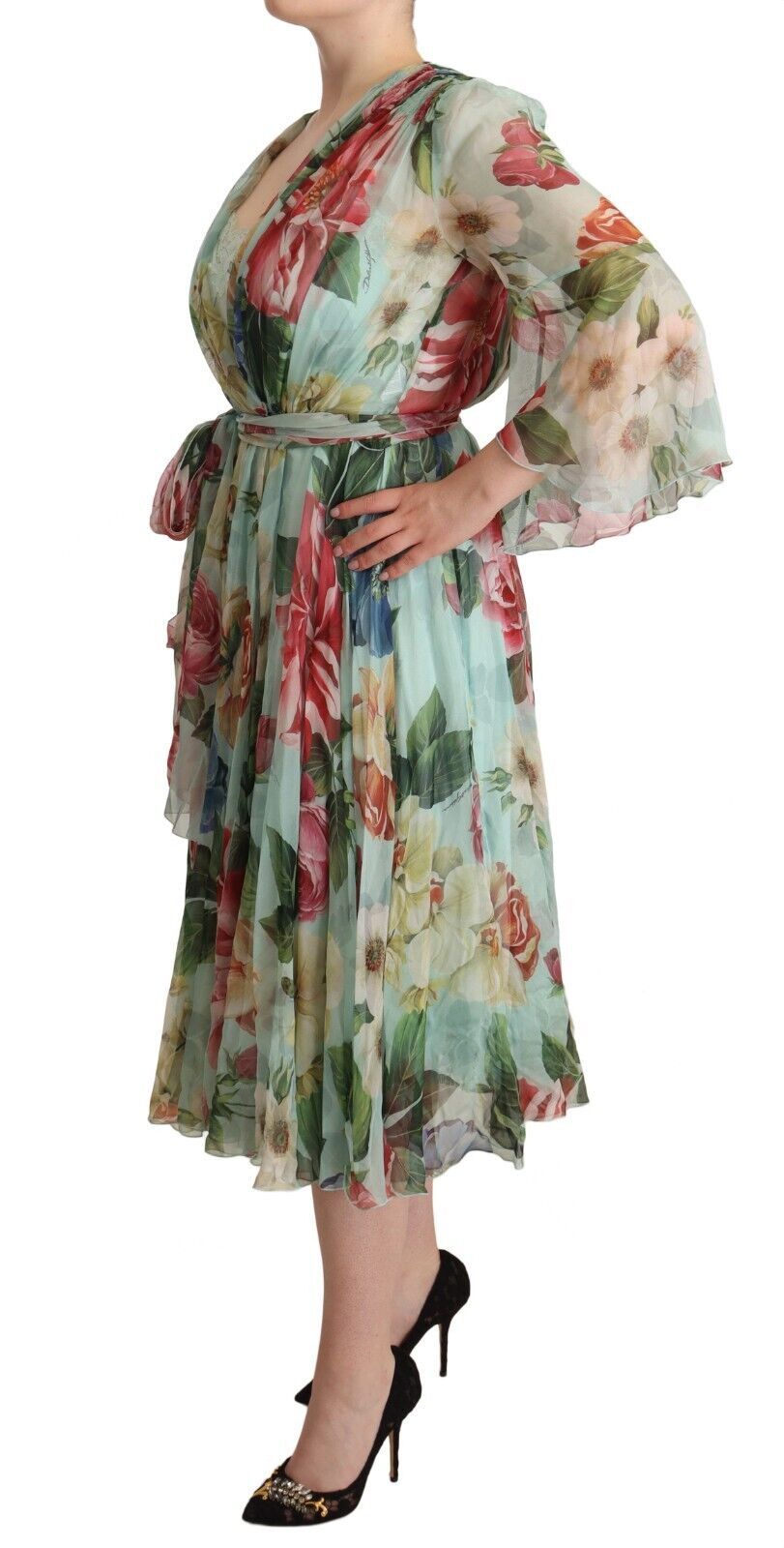 Elegante vestido midi de seda verde floral