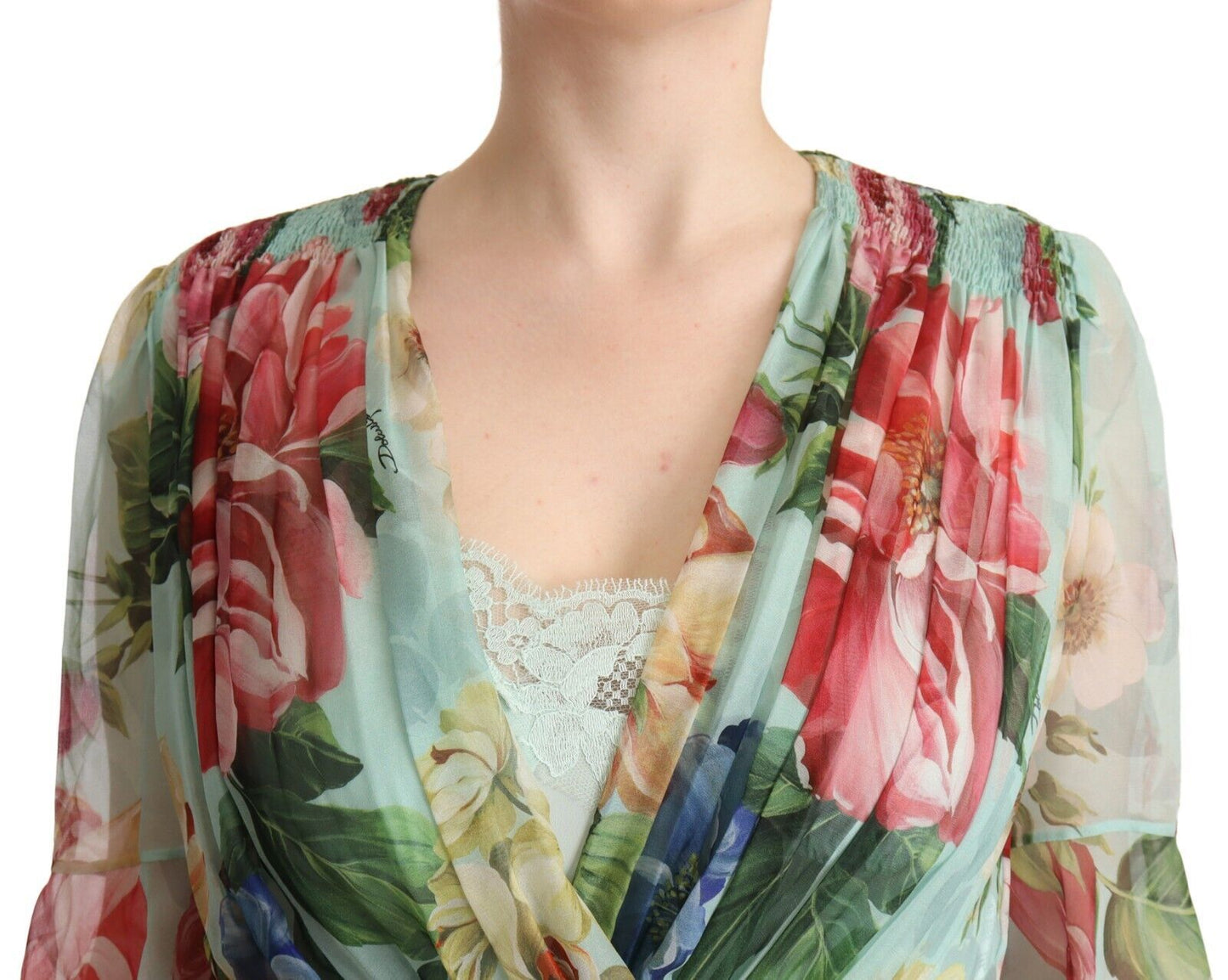 Elegante vestido midi de seda verde floral