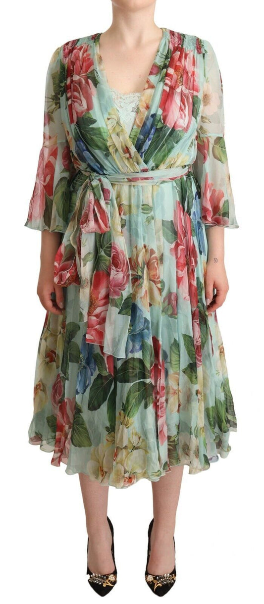 Elegante vestido midi de seda verde floral