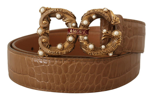 Elegante cinturón Amore de piel de cocodrilo con perlas