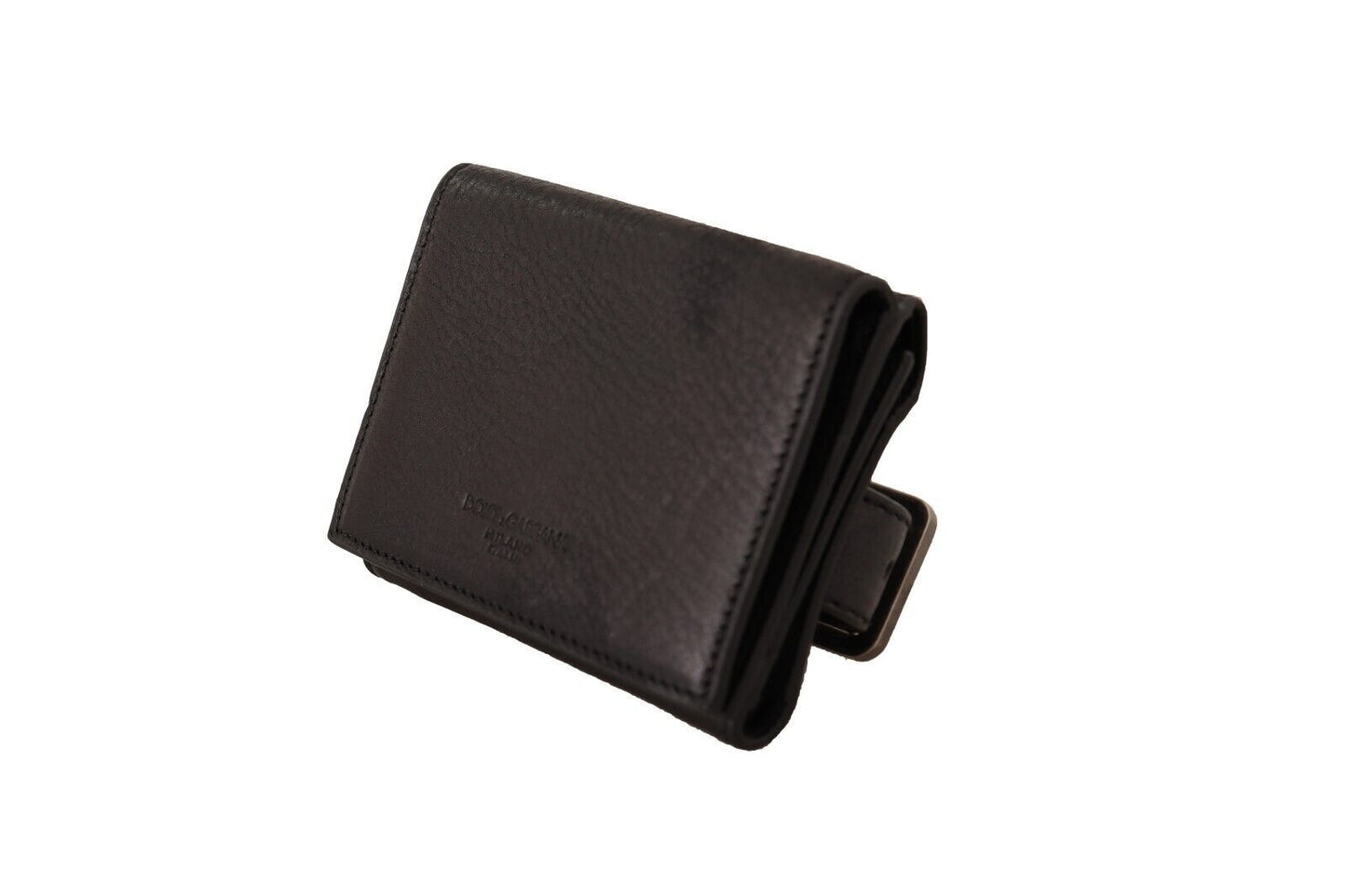 Elegante estuche multiusos de cuero negro con tres pliegues