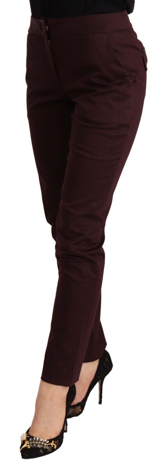 Pantalones pitillo ajustados de color granate con detalle de cremallera