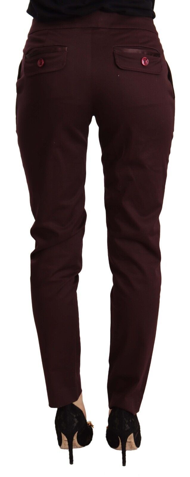 Pantalones pitillo ajustados de color granate con detalle de cremallera