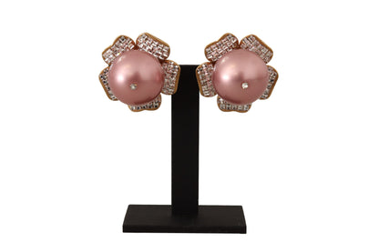 Elegantes pendientes de clip con perlas de cristal y diseño floral