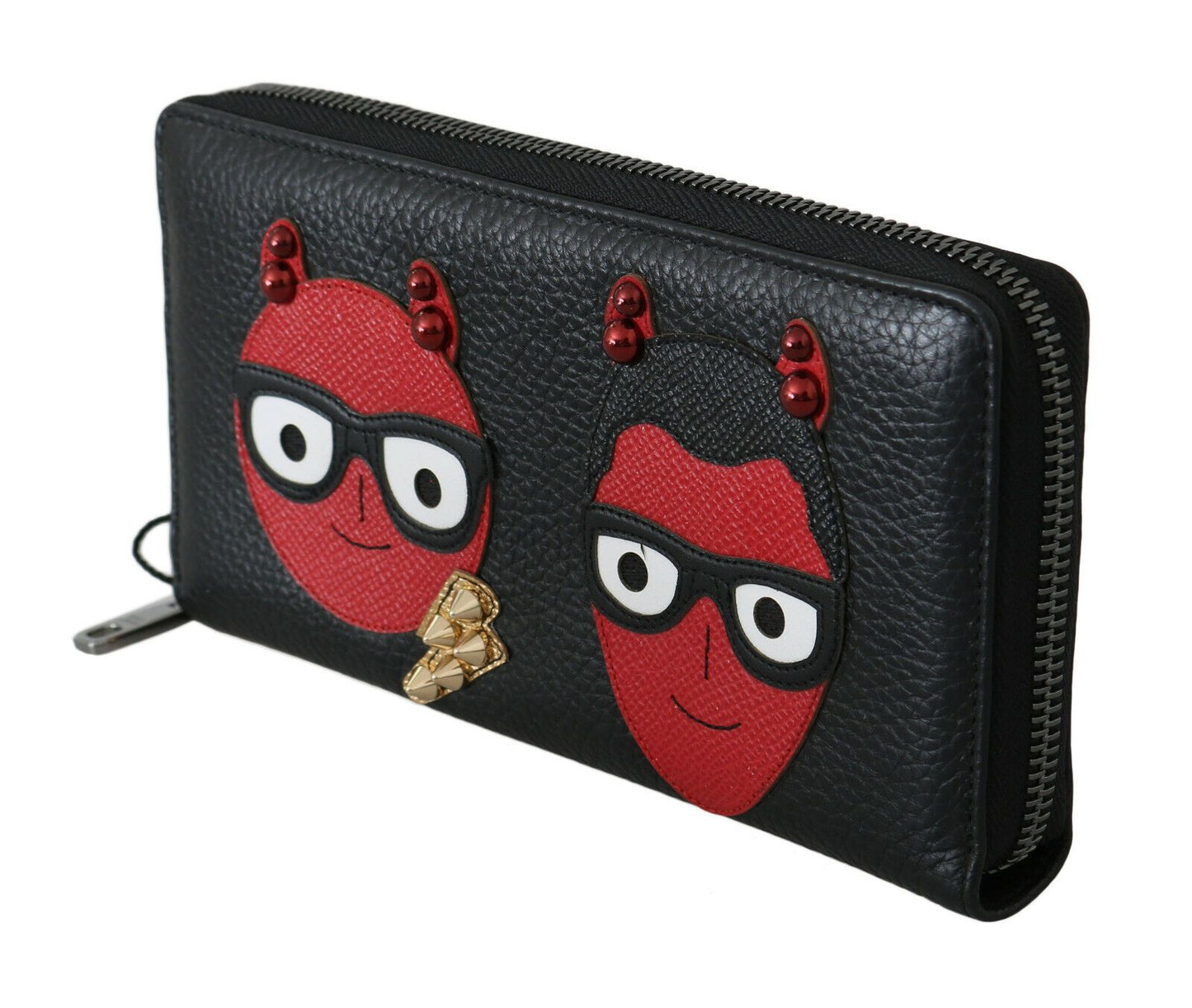 Elegante cartera continental de piel negra y roja