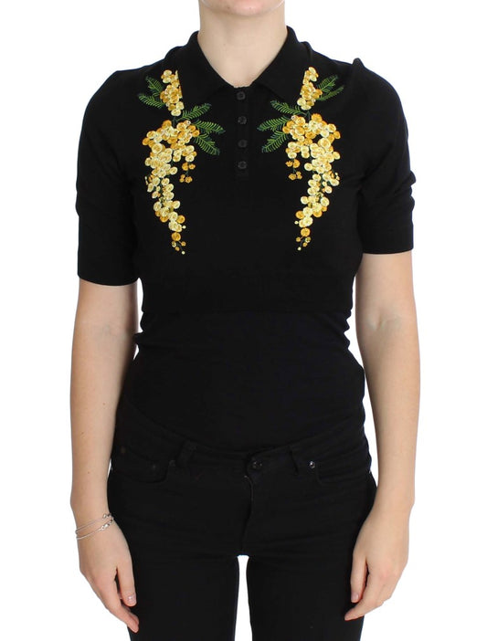 Elegante polo floral de seda negra