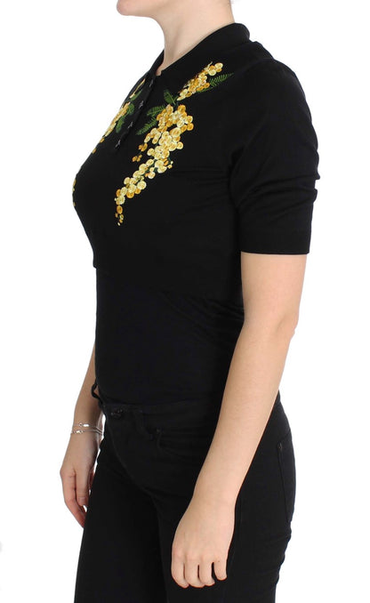 Elegante polo floral de seda negra