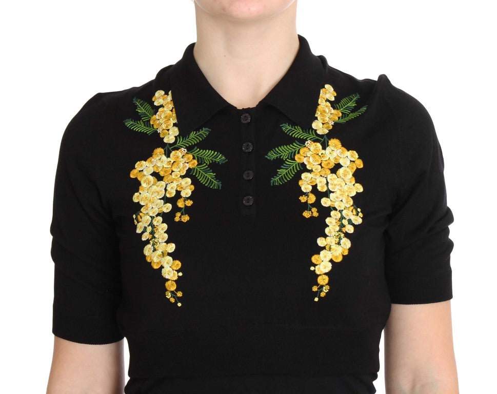 Elegante polo floral de seda negra