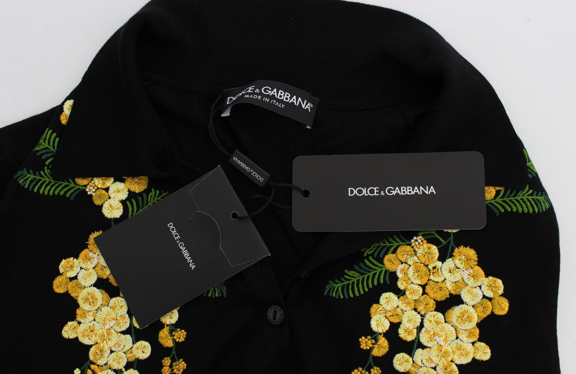 Elegante polo floral de seda negra