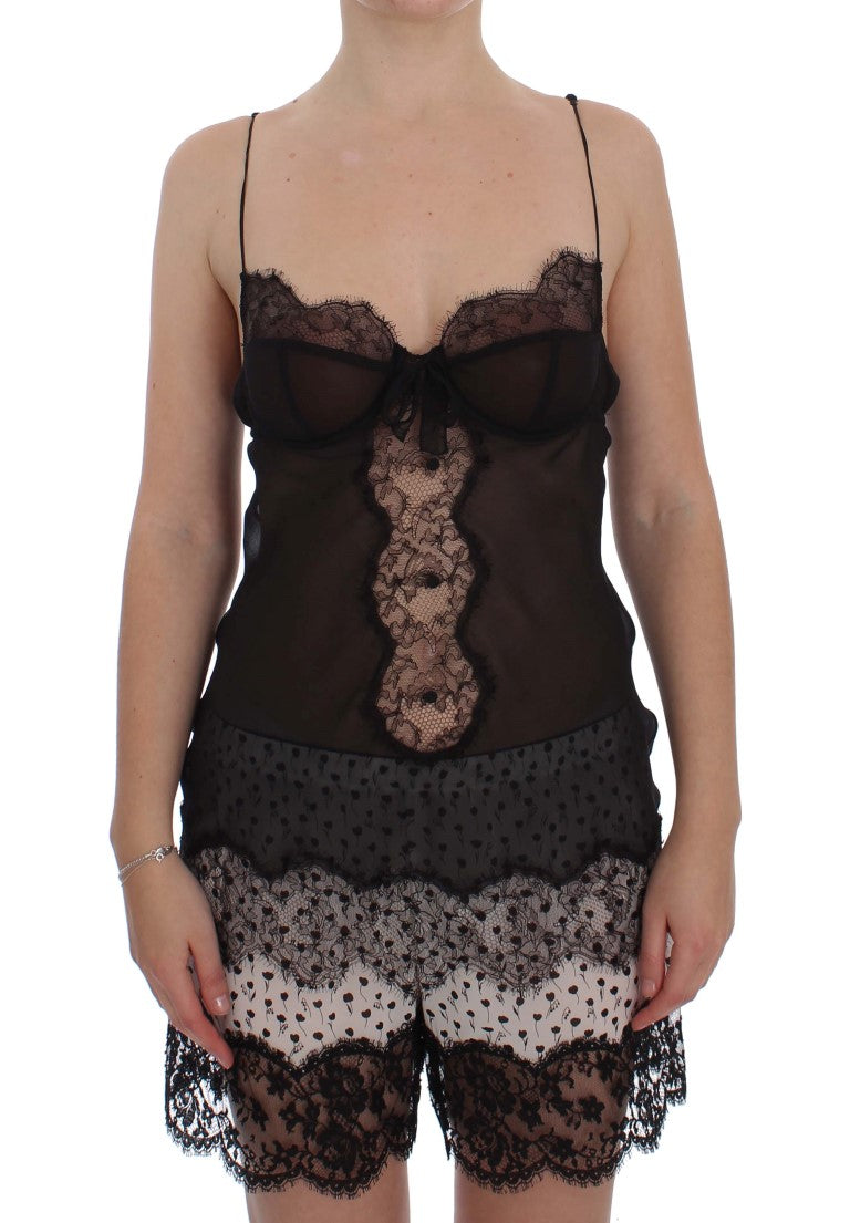 Elegante camisón de lencería de encaje de seda negra