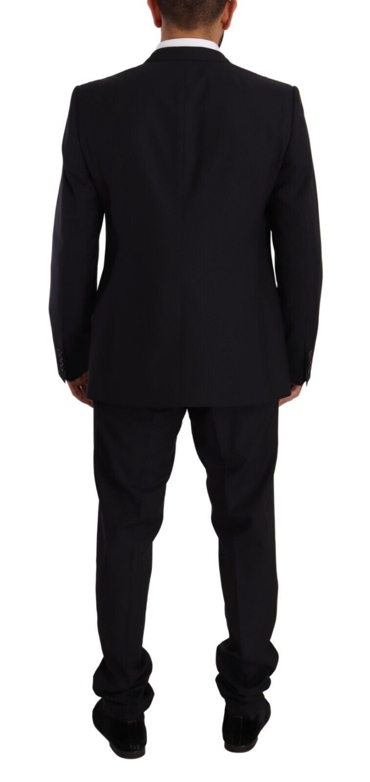 Elegante traje de dos piezas de lana y seda azul marino de corte entallado