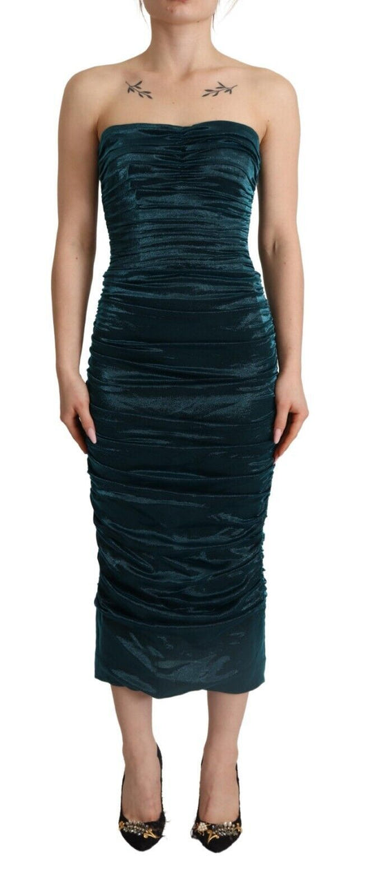 Turquoise Bustier Bodice Draped Midi Dress