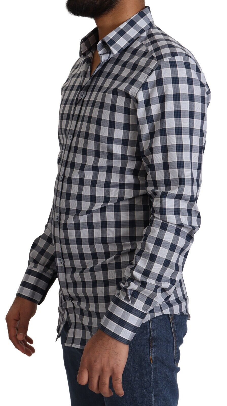 Camisa de vestir elegante de corte entallado a cuadros azules y blancos