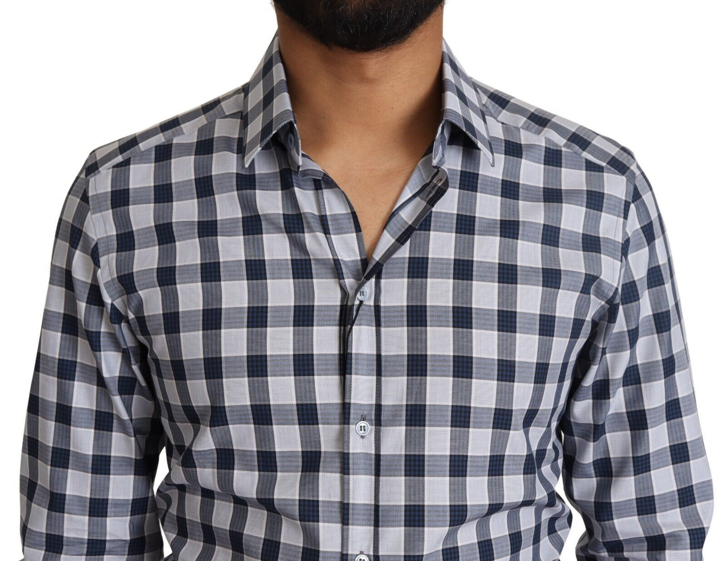 Camisa de vestir elegante de corte entallado a cuadros azules y blancos