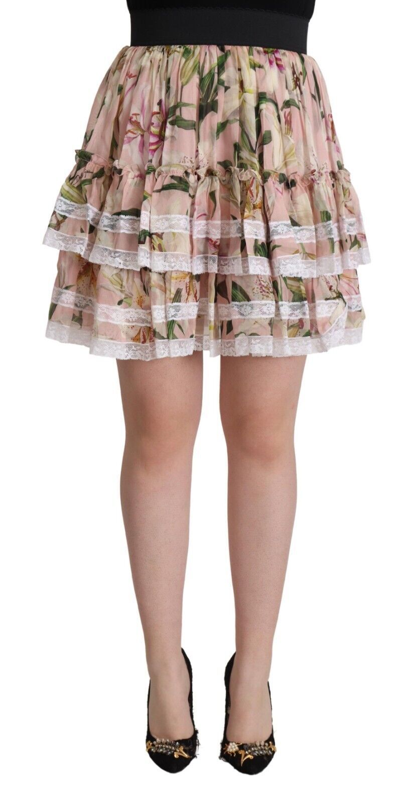 Elegante minifalda escalonada de corte A con estampado de lirios