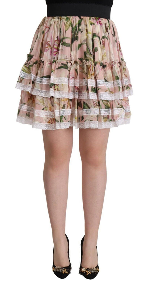 Elegante minifalda escalonada de corte A con estampado de lirios