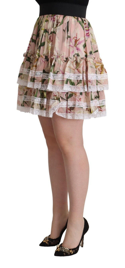 Elegante minifalda escalonada de corte A con estampado de lirios