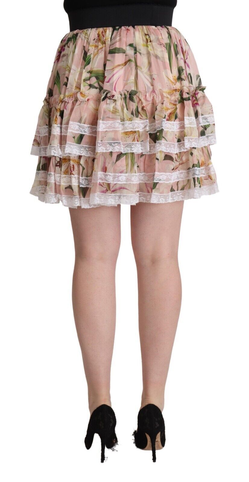 Elegante minifalda escalonada de corte A con estampado de lirios