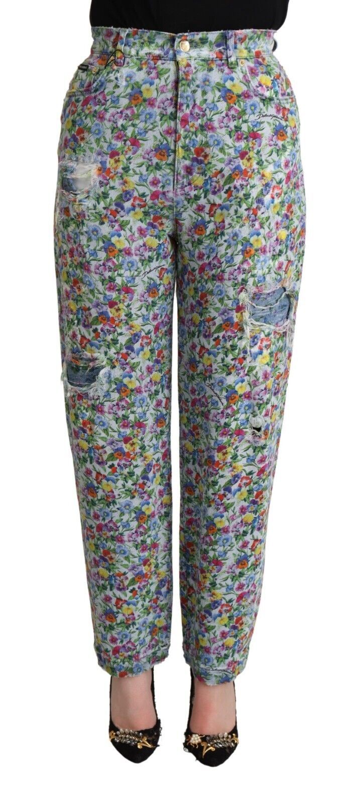 Vaqueros de mezclilla cónicos de cintura alta con estampado floral
