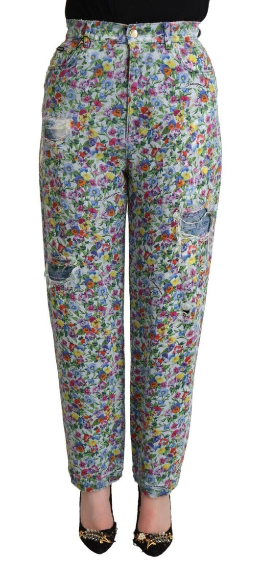 Vaqueros de mezclilla cónicos de cintura alta con estampado floral
