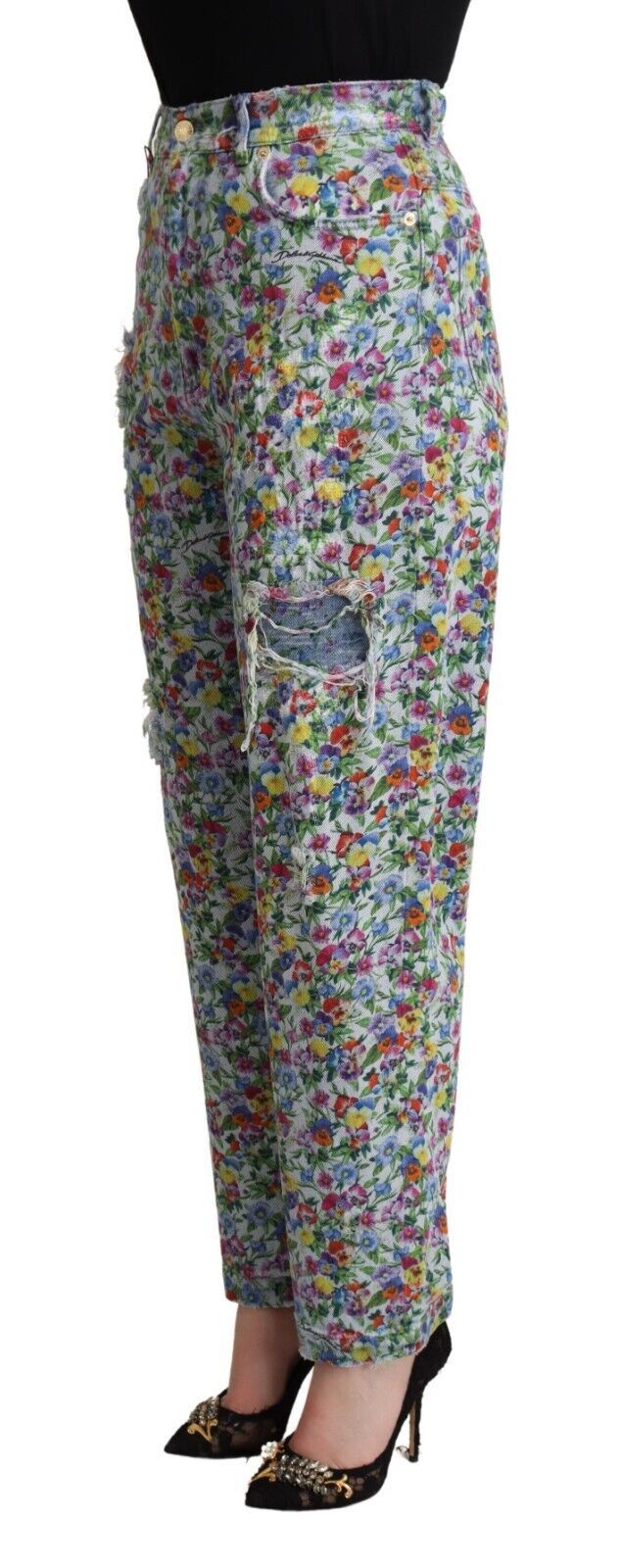 Vaqueros de mezclilla cónicos de cintura alta con estampado floral
