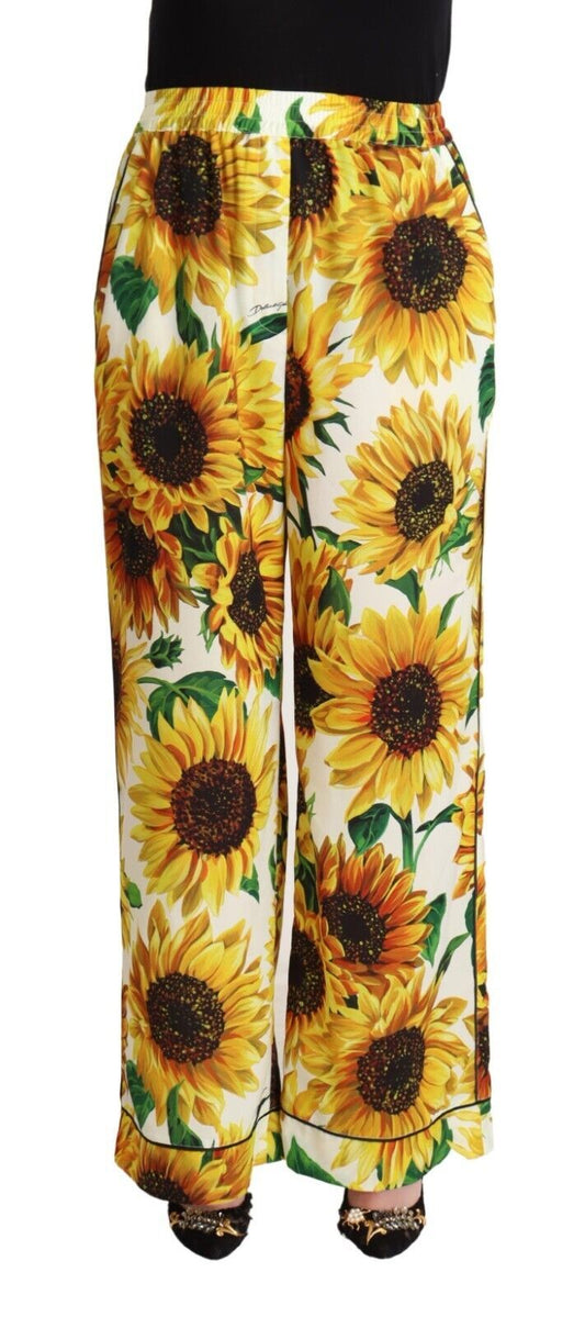 Elegantes pantalones anchos con estampado de girasoles