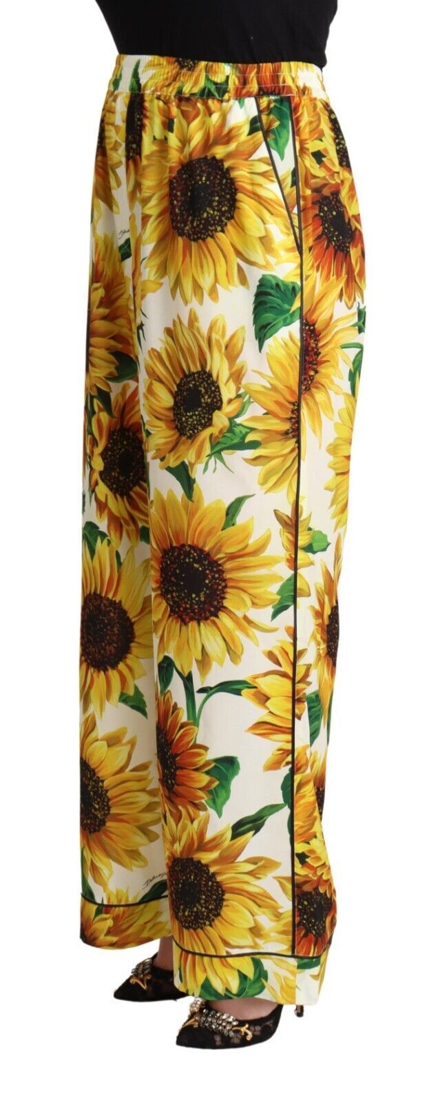 Elegantes pantalones anchos con estampado de girasoles