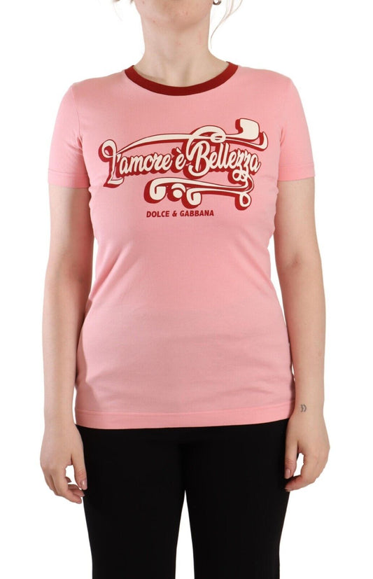 Camiseta elegante de cuello redondo con logotipo rosa