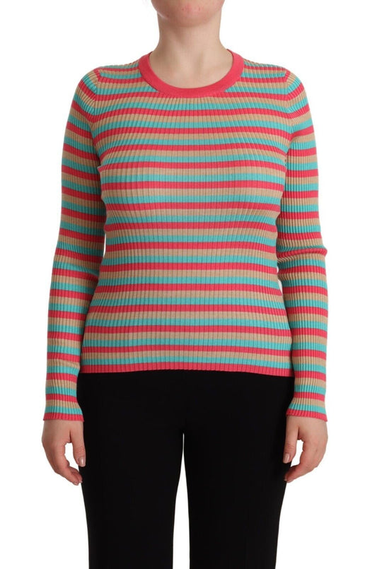Elegante jersey de cuello redondo de seda a rayas
