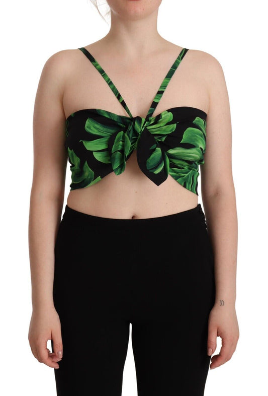 Elegante top corto con cuello halter y estampado de hojas