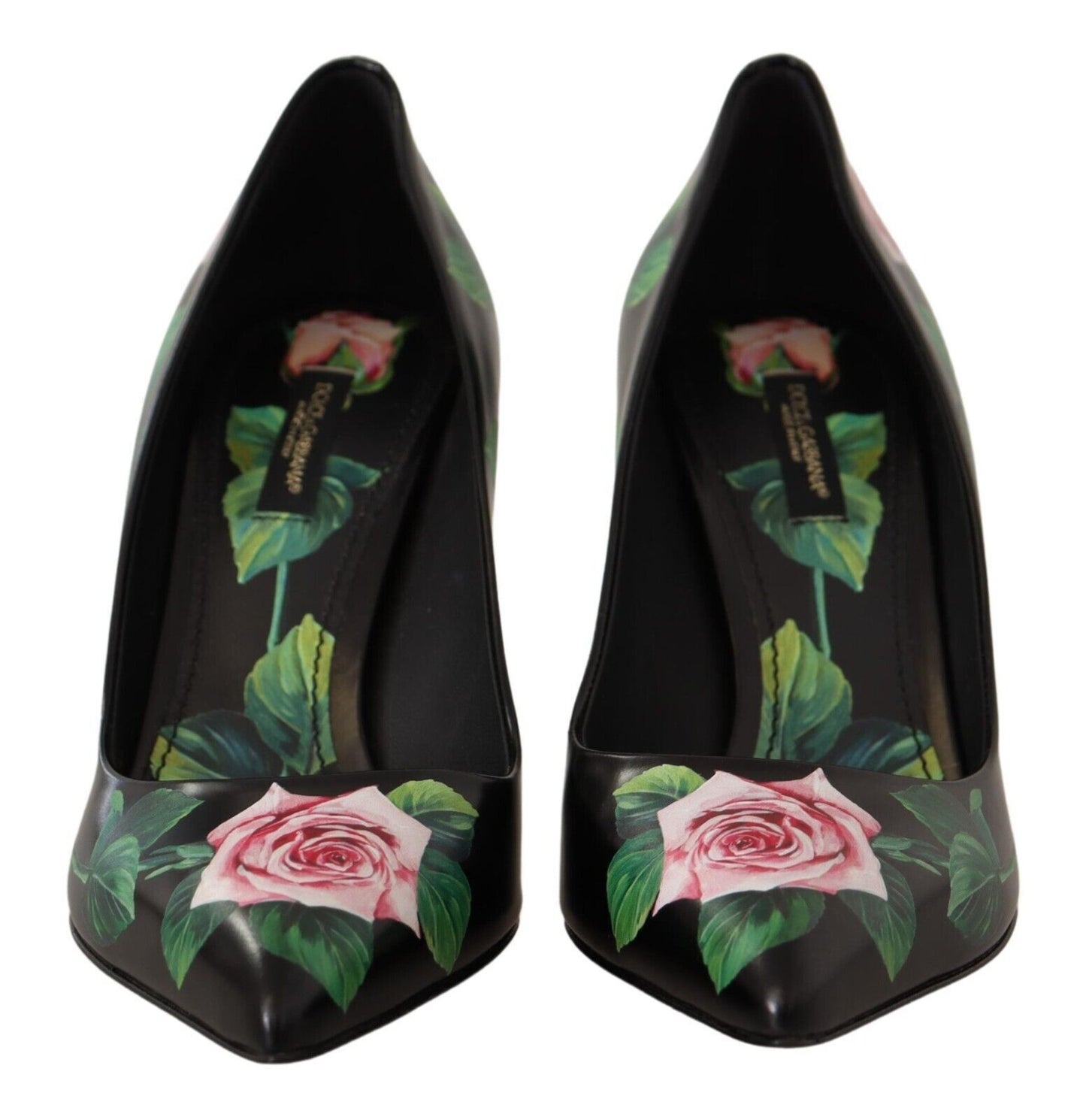 Elegantes tacones de cuero con estampado de rosas negras