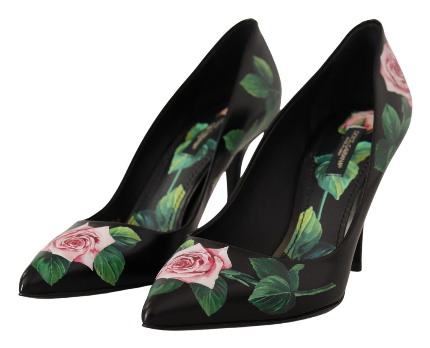 Elegantes tacones de cuero con estampado de rosas negras