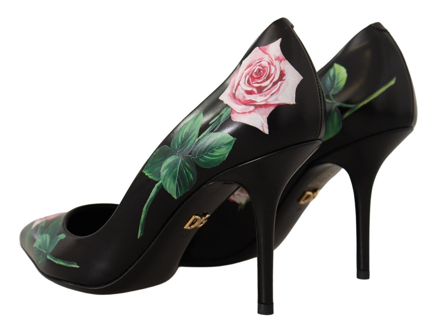 Elegantes tacones de cuero con estampado de rosas negras