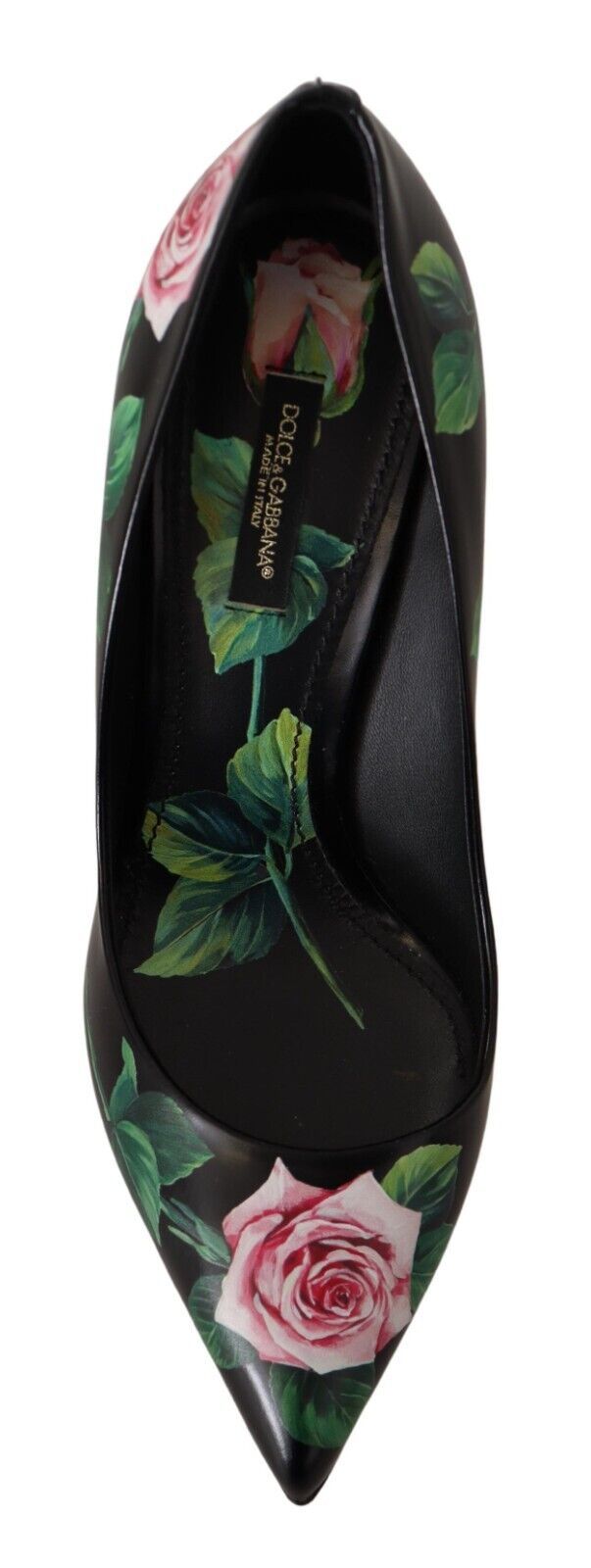 Elegantes tacones de cuero con estampado de rosas negras