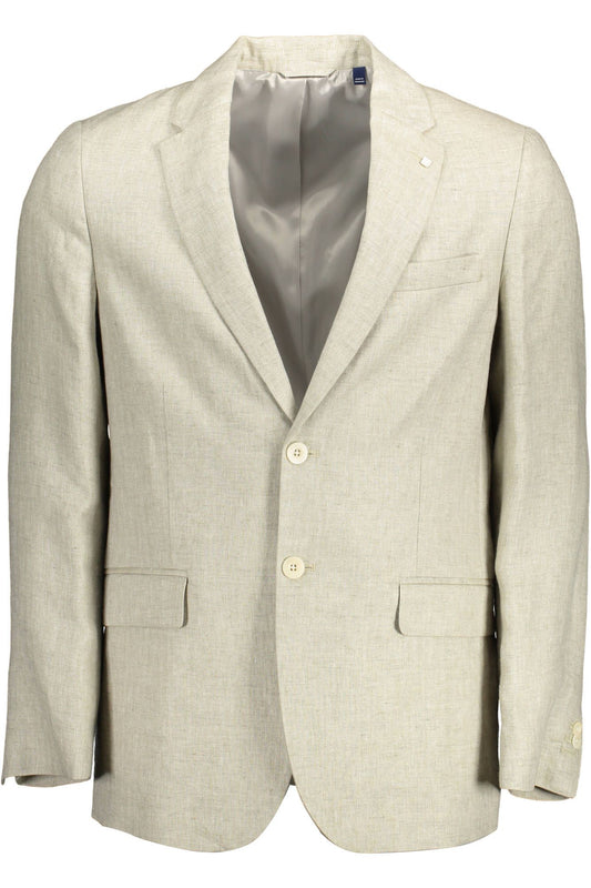 Chaqueta clásica de lino beige con detalle de logotipo