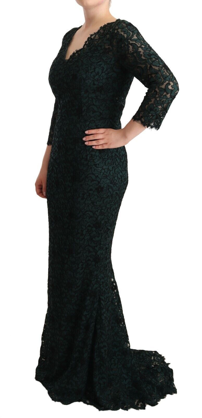 Elegante vestido de encaje con escote en V hasta el suelo